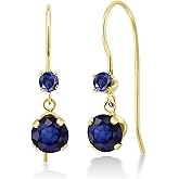 Gem Stone King 14K Yellow Gold Blue Sapphire and Blue Created Sapphire French Wire Dangle Hook Earrings For Women (1.22 Cttw, Gemstone September Birthstone, Round 5MM and 2.5MM)