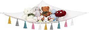 Mkono Stuffed Animal Toy Hammock Hanging Macrame Stuff Animals Organizer Storage with Colorful Tassels Boho Large Corner Plush Toys Net Holder for Nursery Play Room Bedroom Kid Room, Small