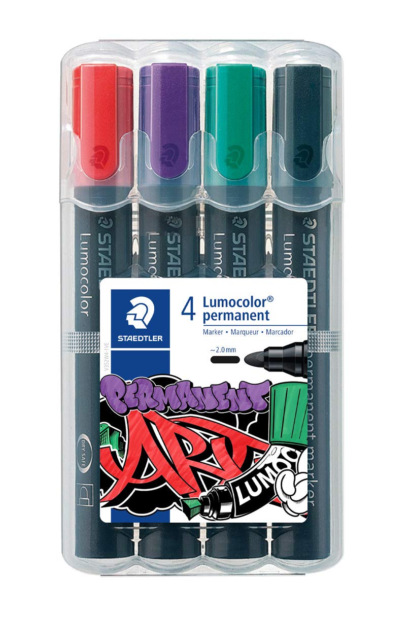 Staedtler Lumocolor permanent markers, line width 2.00 mm, light-resistant, quick-drying, low odour, long service life, 4 permanent markers in a stand-up box, 352 WP4-1 โ image 1