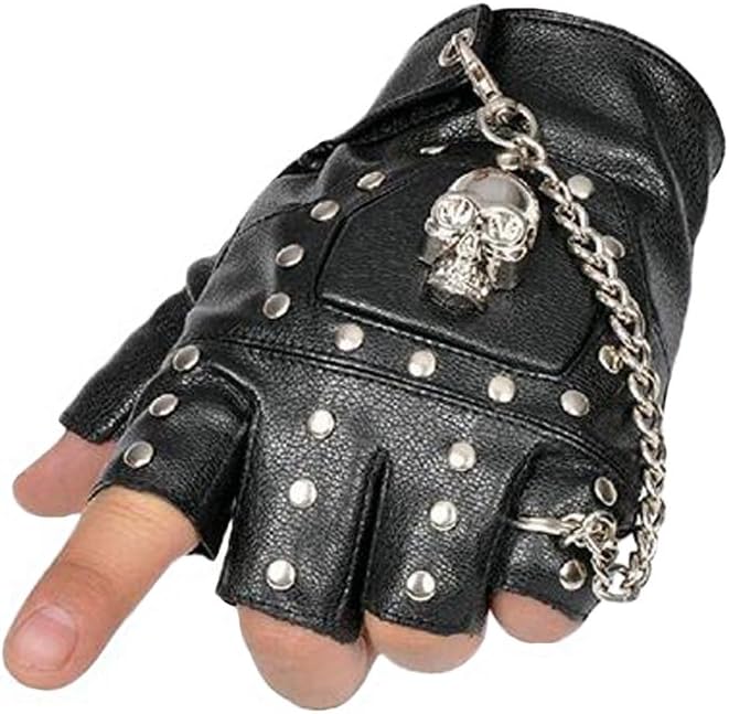 Modishou Men's Fingerless Rivet Metal Skull Chain Punk Mittens Gloves Style1 Black A Pair