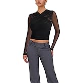 Richlylian Womens Mock Neck Mesh Sheer Tops - Long Sleeve Sexy Layering See Through T-Shirts Going Out Top
