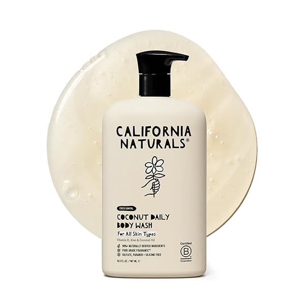 CALIFORNIA NATURALS BODY WASH FOR WOMEN AND MEN, VITAMIN E SHOWER GEL CLEANSER, NATURAL, VEGAN & CRUELTY FREE, PARABEN & SULFATE FREE, MOISTURIZING SKIN, COCONUT, ALL SKIN TYPES, 16.5 FL OZ