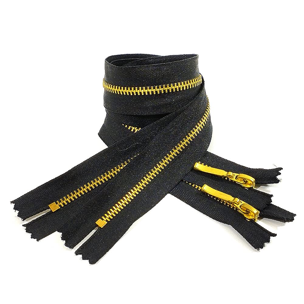 2 Pieces/Pack Zipper Brass Closed 40 cm, Metal Zipper 3#, Zipper for Sewing, Black and Golden, (40cm, 999)