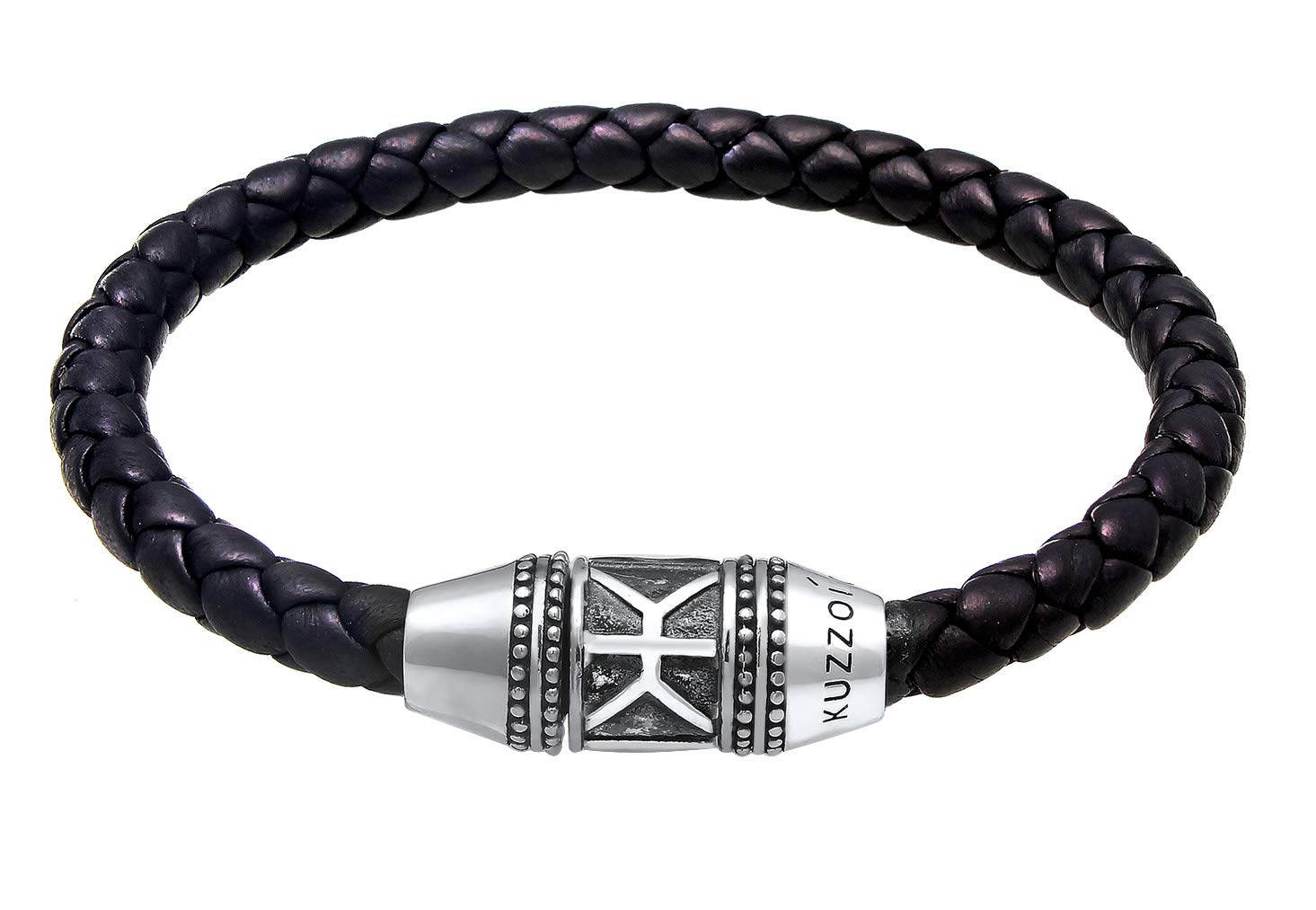 Kuzzoi "Buddha" 0201561119 Men's Braided Leather Bracelet with Magnetic Clasp Made of 925 Sterling Silver, Width 29 mm, Length 19 - 23 cm, 19 centimeters, Leather