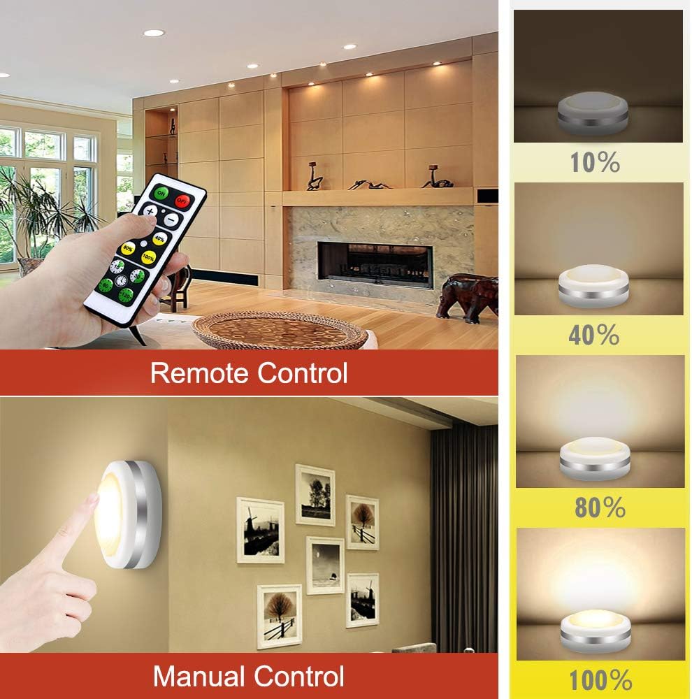Cadrim Night Lights 6 Pack Under Cabinet Lights Closet Lighting Wardrobe Cupboard Lights with Remote Controls Battery Powered LED Lights Kitchen Bookcase Showcase Brightness Adjustable Wireless Timer - Image 5