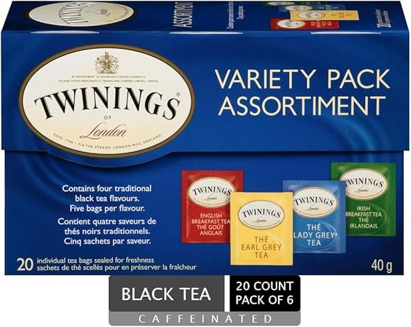 TWININGS VARIETY PACK BLACK TEA BAGS, 20 COUNT (PACK OF 1), INCLUDES ENGLISH BREAKFAST, EARL GREY, IRISH BREAKFAST, AND LADY GREY, CAFFEINATED, ENJOY HOT OR ICED, 20 TEABAGS