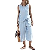 EXLURA Womens Summer 100% Cotton 2 Piece Outfits Striped Sleeveless Top Capri Wide Leg Pants Sets Faux Linen Beach Vacation