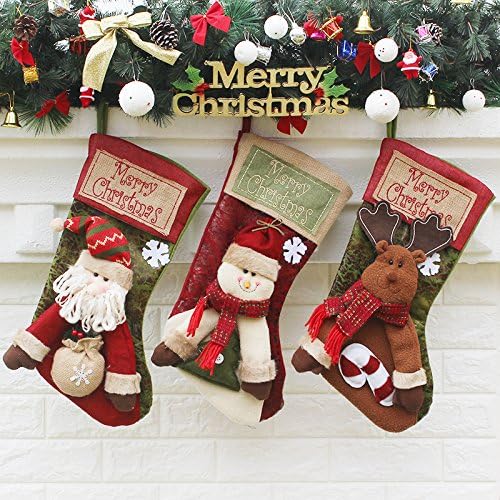 Christmas Stockings 3Pcs Set 18 Inch Santa, Snowman, Reindeer,Xmas Stockings Hanging, 3D Applique Santa Gifts Socks Party Favors Decorative Hanging Ornaments