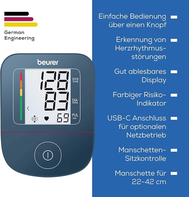BM 25 Oberarm Blutdruckmessgerät, einfache Ein-Knopf-Bedienung, genaue Messung, Arrhythmie-Erkennung, mit USB-C-Anschluss, Manschette, Datenübertragung zu Apple Health und co., Blau