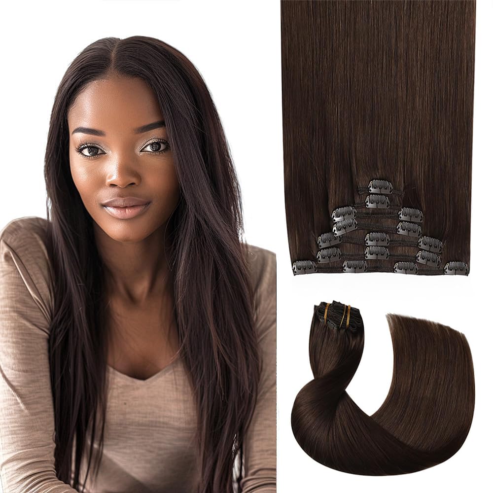 Photo 1 of #4 Brown Clip in Hair Extensions - 14 Inch Real Remy Soft Human Hair, 120g 7pcs,Chocolate Brown Human Hair Extensions Clip ins for Women