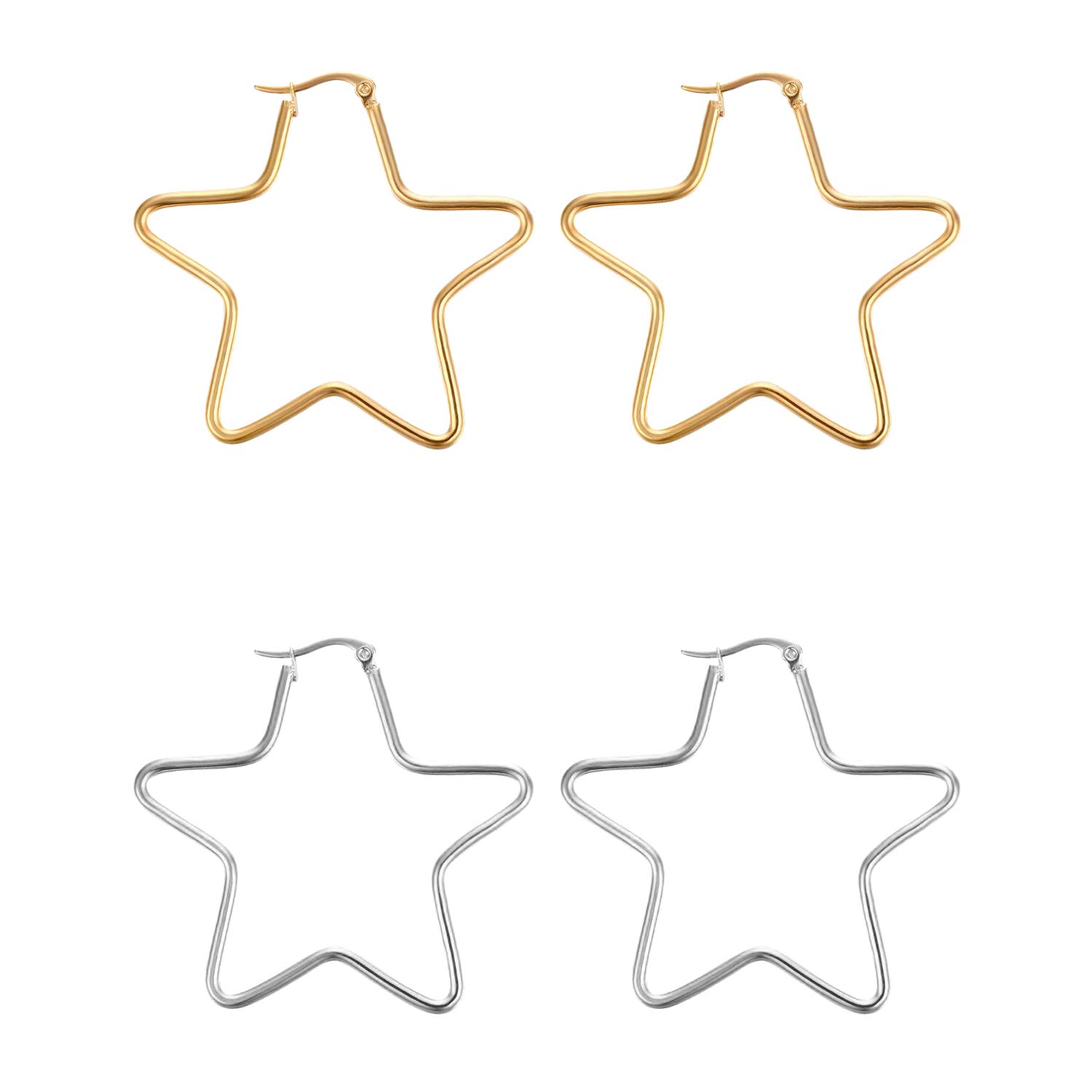 Cupimatch 2 Pairs Large Star Shaped Hoop Earrings for Women, Fashion Stainless Steel Pentagram Dangle Earrings Set Jewelry,Gold/Silver