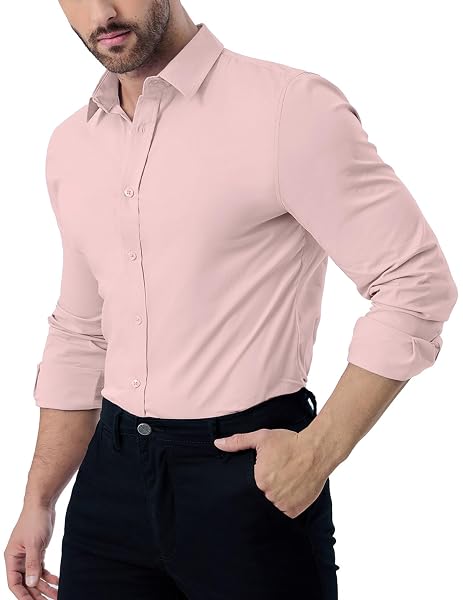 ZAFUL MENS DRESS SHIRTS SLIM FIT BUTTON DOWN LONG SLEEVE STRETCH COLLARED SHIRT COTTON WRINKLE FREE BUTTON UP MENS TOPS PINK 3X-LARGE