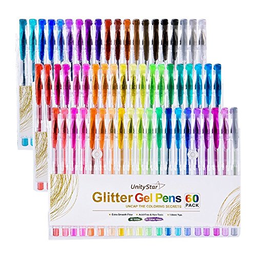 Gel Pen, UnityStar 60 Glitter Gel Pens for Adult Coloring,Doodling,Scrapbooks,Crafts, Assorted Sparkly Colors & Storage Case