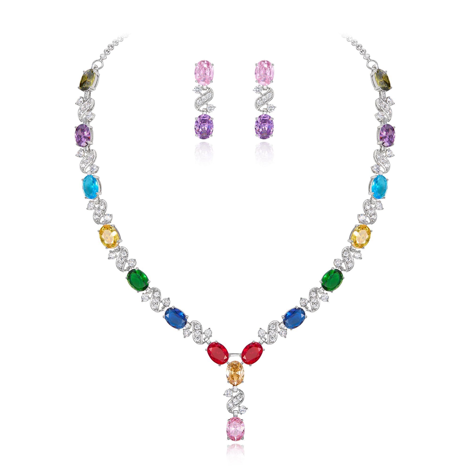 Clearine Women's Wedding Bridal Cubic Zirconia Infinity Y-Shape Tennis Necklace Dangle Earrings Set Multicolour Silver-Tone