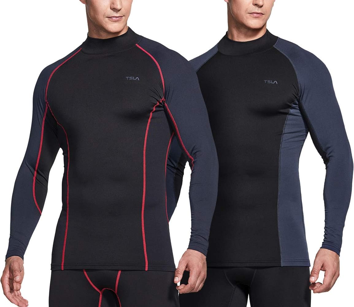 TSLA 1 or 2 Pack Men's Thermal Long Sleeve Compression Shirts, Mock/Turtleneck Winter Sports Running Base Layer Top: Clothing