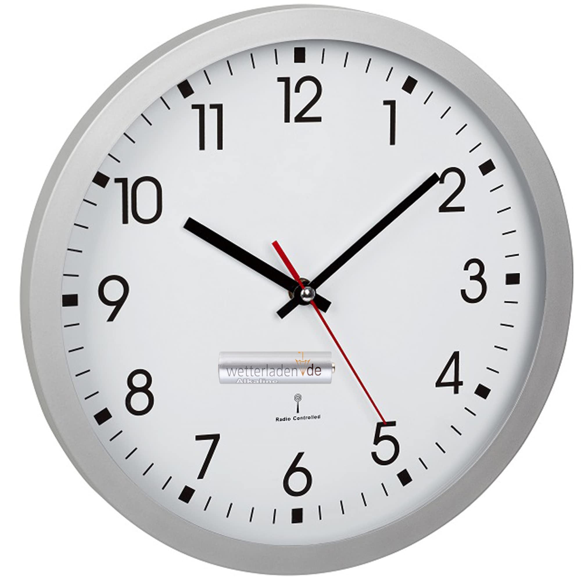 TFA Dostmann Analogue Radio-Controlled Wall Clock, 60.3522.02, with Second Hand, Glass Cover, Large Dial, 30 cm Diameter, Silver with Battery
