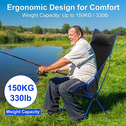 ENKEEO Camping Folding Chair Portable Lightweight Mesh Seat with 330 lbs Capacity, Built-in Pillow, 3 Pockets, Backrest and Carry Bag for Backpacking, Fishing, Hiking, Picnic, Travel and Beach - Blue