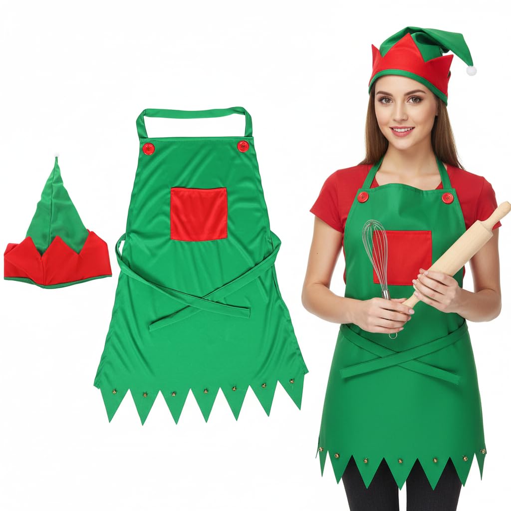 SUPVOX Christmas Apron and Hat Set for Adults, Festive Santa Chef Costume for Cooking & Parties, Adjustable Xmas Apron with Pocket & Bells, Fun Family Matching Party Supplies