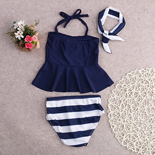 Mekilyn 3Pcs Infant Baby Girls Halter Bowknot Tube Top+Short Strips Bottoms+Headband Bathing Bikini Swimsuit (Navy Blue, 2T) - Thumbnail 6