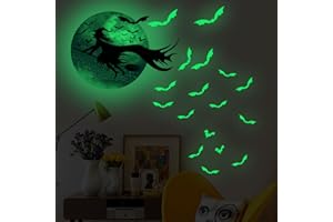 KSTBJN Halloween Wall Decals Halloween Glow in The Dark Wall Stickers Witch Bats Luminous Window Stickers Halloween Decoration Stickers Witch Moon Wall Decor Stickers for Halloween Party Supplies