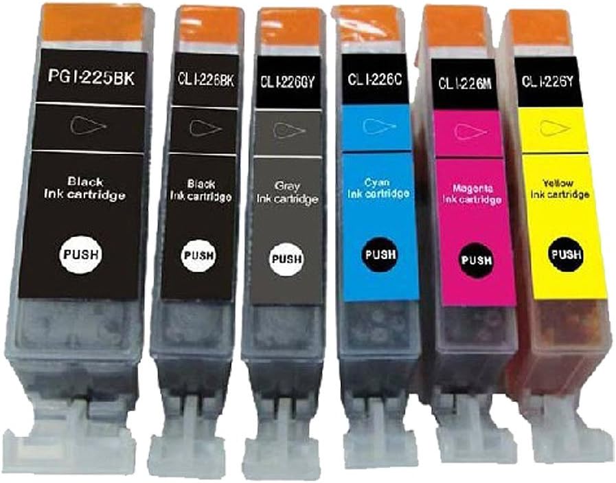 Pack of 6 Canon PGI-225BK, CLI-226BK, CLI-226C, CLI-226M, CLI-226Y, CLI-226GY compatible ink cartridges with chips for Canon Pixma MG6120, MG6220, MG8120, MG8120B. MG8220