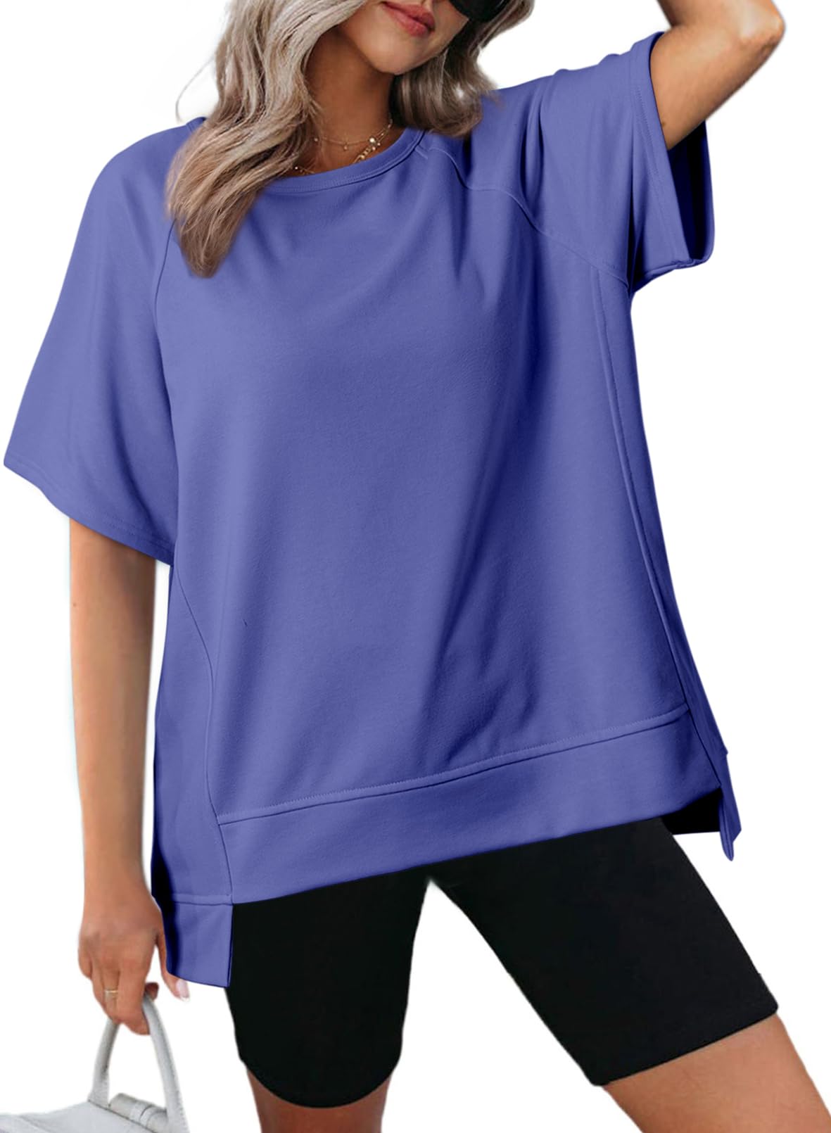 Photo 1 of Dokotoo Womens Oversized T Shirts Short Sleeve Crewneck Summer Tops for Women Casual Loose High Low Blouses Lightweight Sweatshirt Basic Tee Shirts 2025 Trendy Clothes Dark Blue X-Large