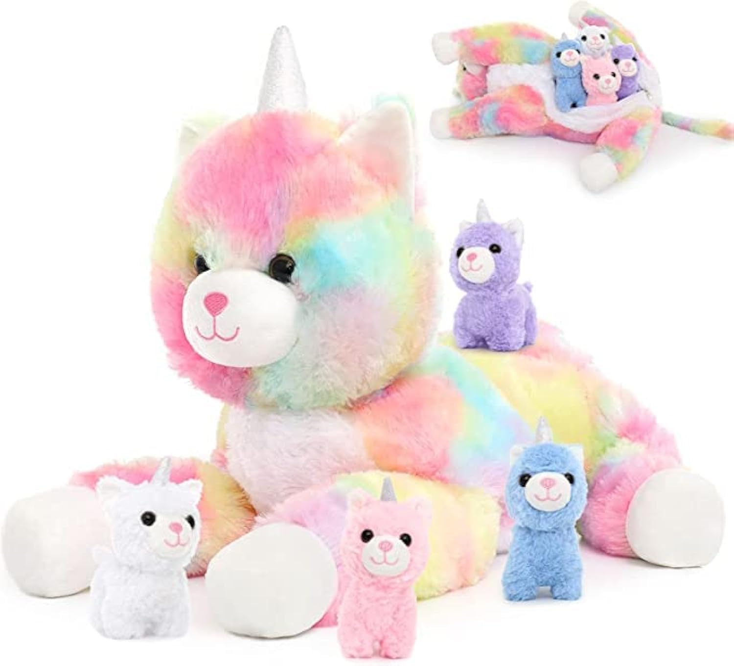 MorisMos Big Unicorn Cat Teddy Soft Toy, 60cm Large Cat with 3 Cuddly Kittens Babies Inside,Realistic Fluffy Plush Stuffed Animals Gift for Kids Girlfriend Birthday Christmas Deco — image 1