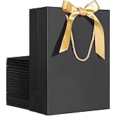EUSOAR Gift Bags with Ribbon, 20pcs 7.8"x3.9"x11" Thank You Gift Paper Bags with Handle, Shopping Present Paper Gift Treat Bags Bulk for Wedding Baby Shower Guests Bridal Craft Grocery-Black
