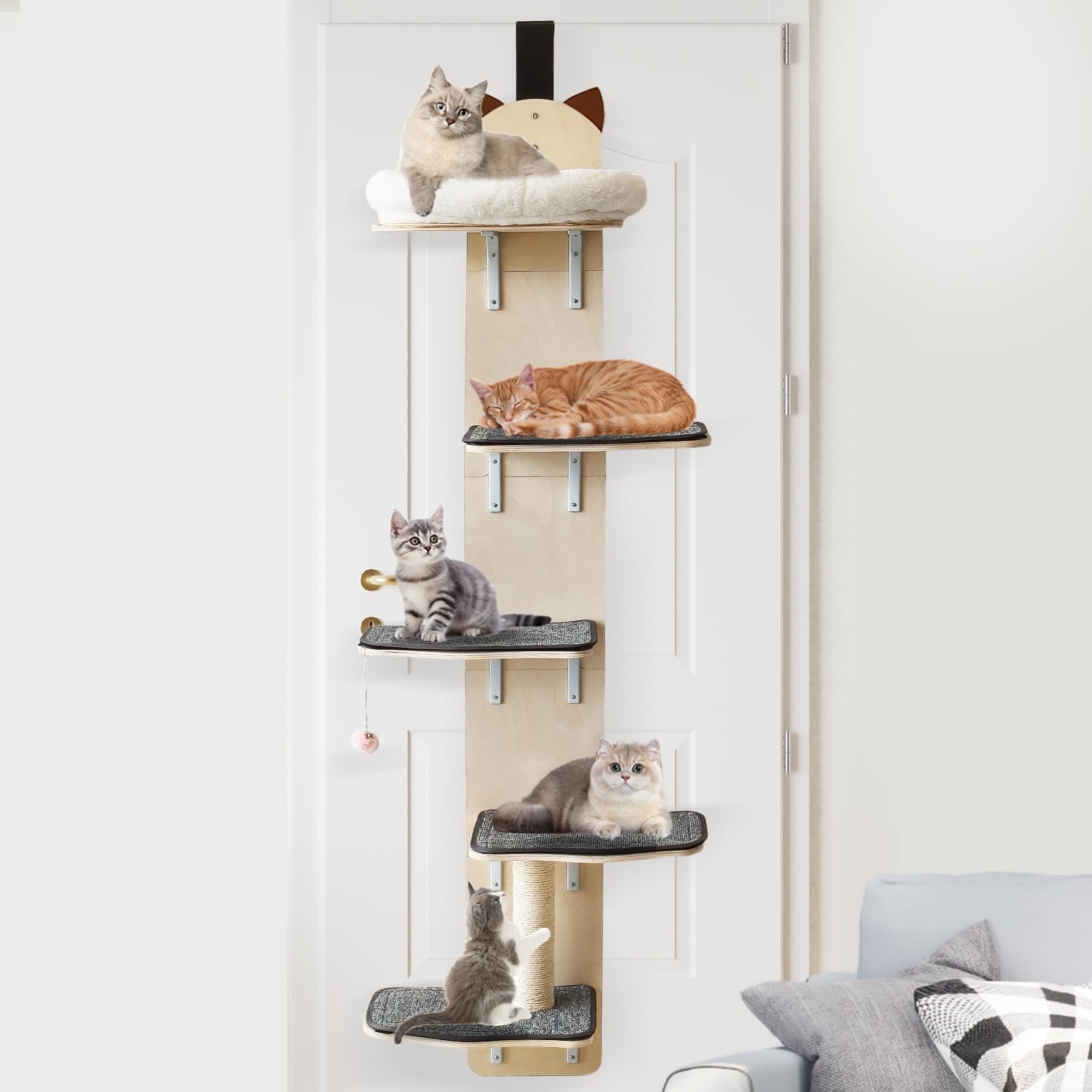 Photo 1 of 5-Levels Door Hanging Cat Climber, Door-Mounted Vertical Cat Tree Tower with Full Carpeted Plank & Cat Scratching Post for Small Medium Large Cats (5-Levels, Cat Head Style)