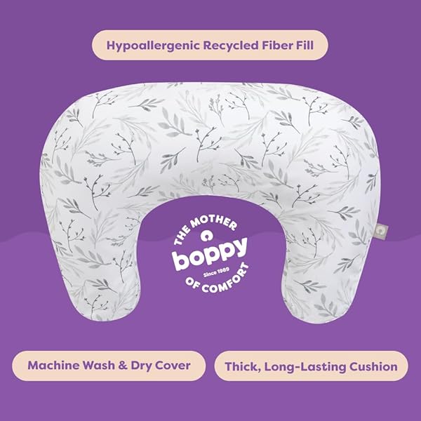 BOPPY NURSING PILLOW – FIRM, ERGONOMIC U-SHAPED BOTTLE AND BREASTFEEDING PILLOW WITH HIGH LIFT FOR COMFORT AND SUPPORT, SPACIOUS SURFACE – GRAY GENTLE LEAVES