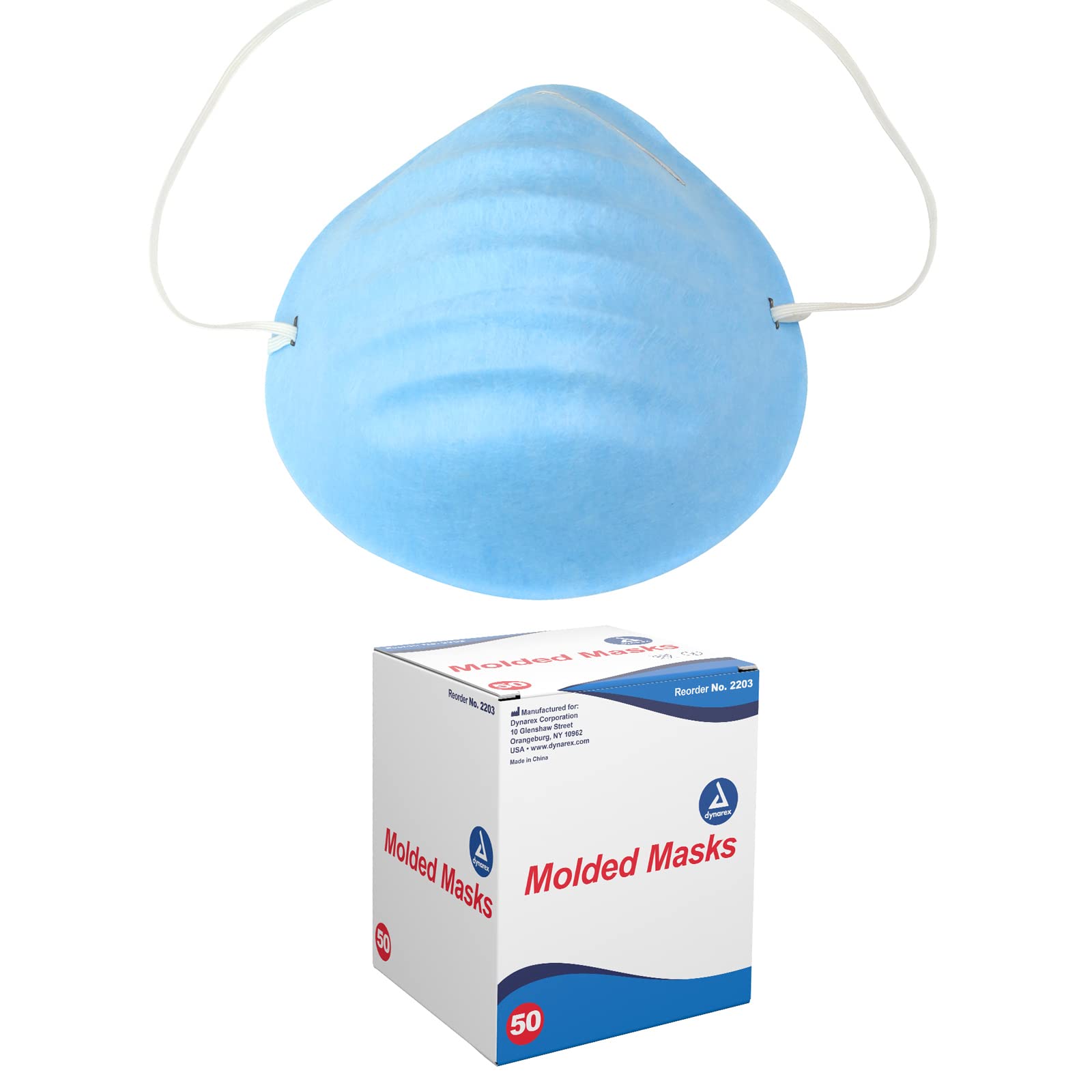 Mascarilla facial moldeada Dynarex, sin fibra de vidrio, transpirable, bordes acampanados suaves, se adapta a los contornos faciales, cubre boca y nariz, ajustable, azul, 1 caja de 50 mascarillas faciales moldeadas