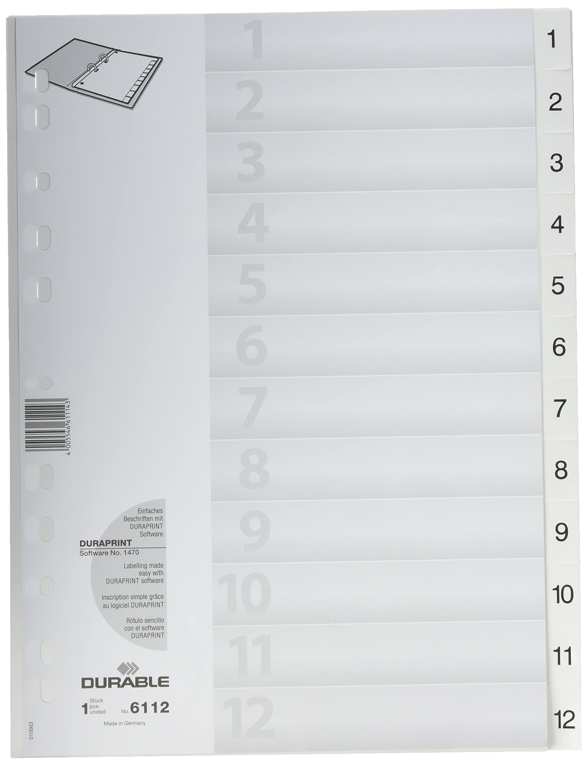 Durable 1-12 Polypropylene Index Dividers | A4 Portrait Full Covering | Pack of 1 Dividers | White | Made in Germany