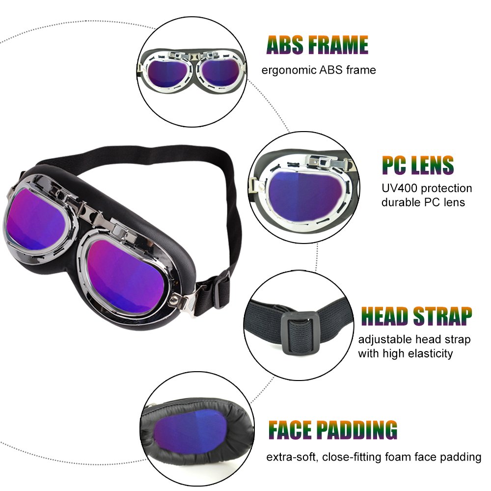 Motorradbrille Motorrad Schutzbrille Raf Aviator Vintage Pilot Biker Cruiser Fliegerbrille Windproof Sun UV Helmmaske Eyewear Sport Skibrille Schutzbrille Dekoration Requisiten (Bunt)