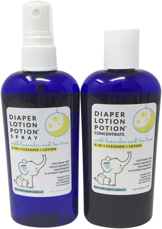 Diaper Lotion Potion Bundle with 4 oz Spray and Concentrate - All Natural Diaper Rash Solution for Your Baby - Healing, Soothing 2-in-1 Cleanser and Lotion with Lavender, Tea Tree Essential Oils