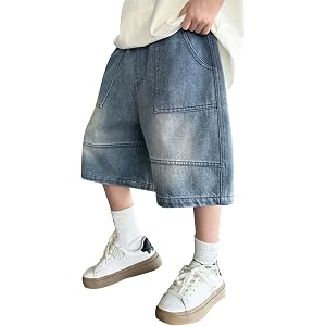 SEHIOZNI Kids Baggy Jean Shorts Boys Elastic Waist Knee Length Denim Casual Wide Leg with Pockets Summer Streetwear