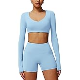 ABOCIW Workout Sets for Women 2 Piece Square Neck Long Sleeve Crop Tops High Waist Biker Shorts Gym Sets