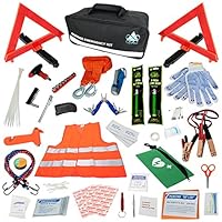 INEX Life Car Emergency Roadside Assistance Kit 112 Pieces - First Aid Kit, Premium Jumper Cables, Reflective Safety Triangle, Tow Strap, Tools, Warning Vest (Black)