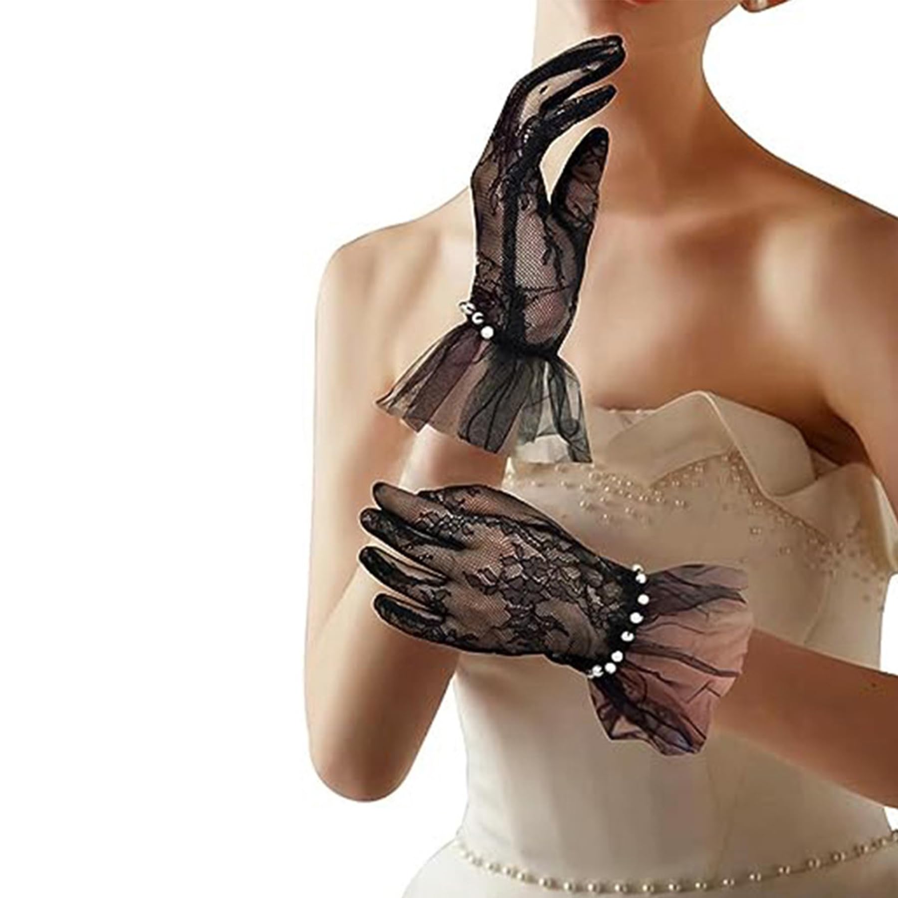 Umimiss Lace Gloves - White/Black Lace Floral Gloves with Pearls for Women, Wedding, Opera, Tea Party