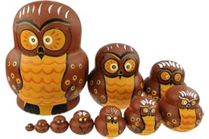 WINTERWORM Cute Cartoon Big Belly Shape Brown Owl with Orange Round Eyes Handmade Wooden Russian Nesting Dolls Matryoshka Dolls Set 10 Pieces for Kids Toy Birthday Home Decoration
