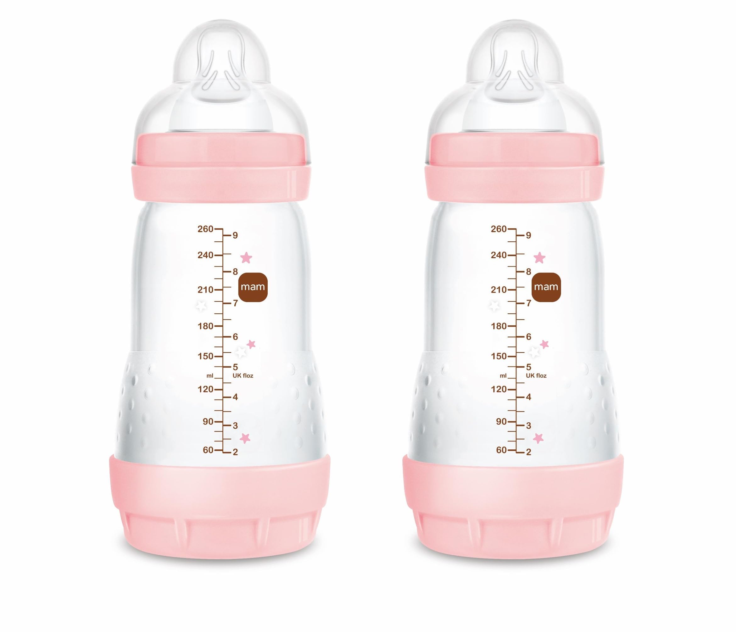 MAM A138 Easy Start Anti-Colic Bottle, Patented with SkinSoft™ Ultra Soft Silicone Teat, for Babies from 2 Months, Pink, Self-Sterilising in 3 Minutes, 260 ml, 2-Pack