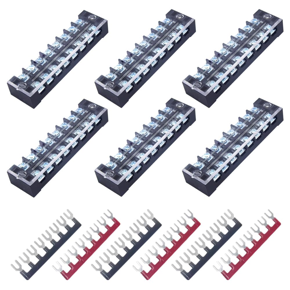 CEEYSEE 12pcs(6 Sets) 8 Positions Dual Rows Covered Screw Terminal Block 600V 25A + 6Pcs 8 Positions Pre-Insulated Black/Red Fork Terminal Barrier Strip 400V 25A (TB2508)