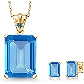 18K Yellow Gold Plated Silver Swiss Blue Topaz and Blue Diamond Pendant and Earrings Jewelry Set For Women (17.43 Cttw, Gemstone November Birthstone, Emerald Cut 18X13MM and 6X4MM, with 18 Inch Chain)