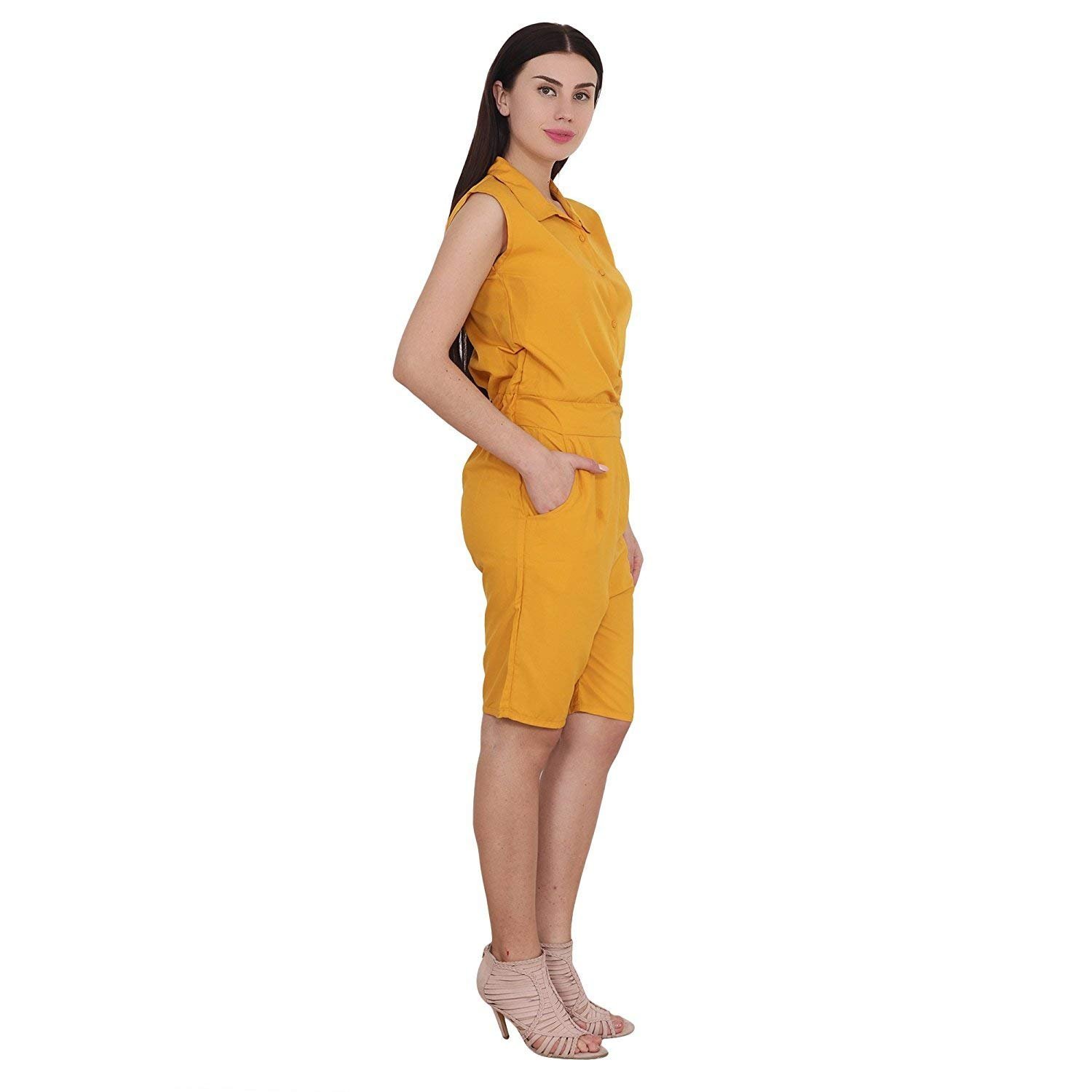 my swag women's solid shirt collared sleeveless crepe jumpsuit