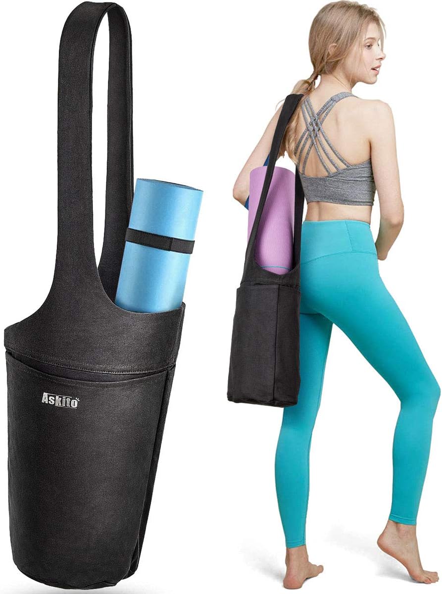 ASKITO Yoga Mat Bag Yoga Mat Carrier Yoga Tote Sling Bag with Large Side Pockets & Zipper Pocket, Fits Most Size Mats
