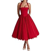 Women Halter Midi Dress Corset Back Layered Tulle Skirt A Line Formal Dresses Wedding Guest Bridal Shower