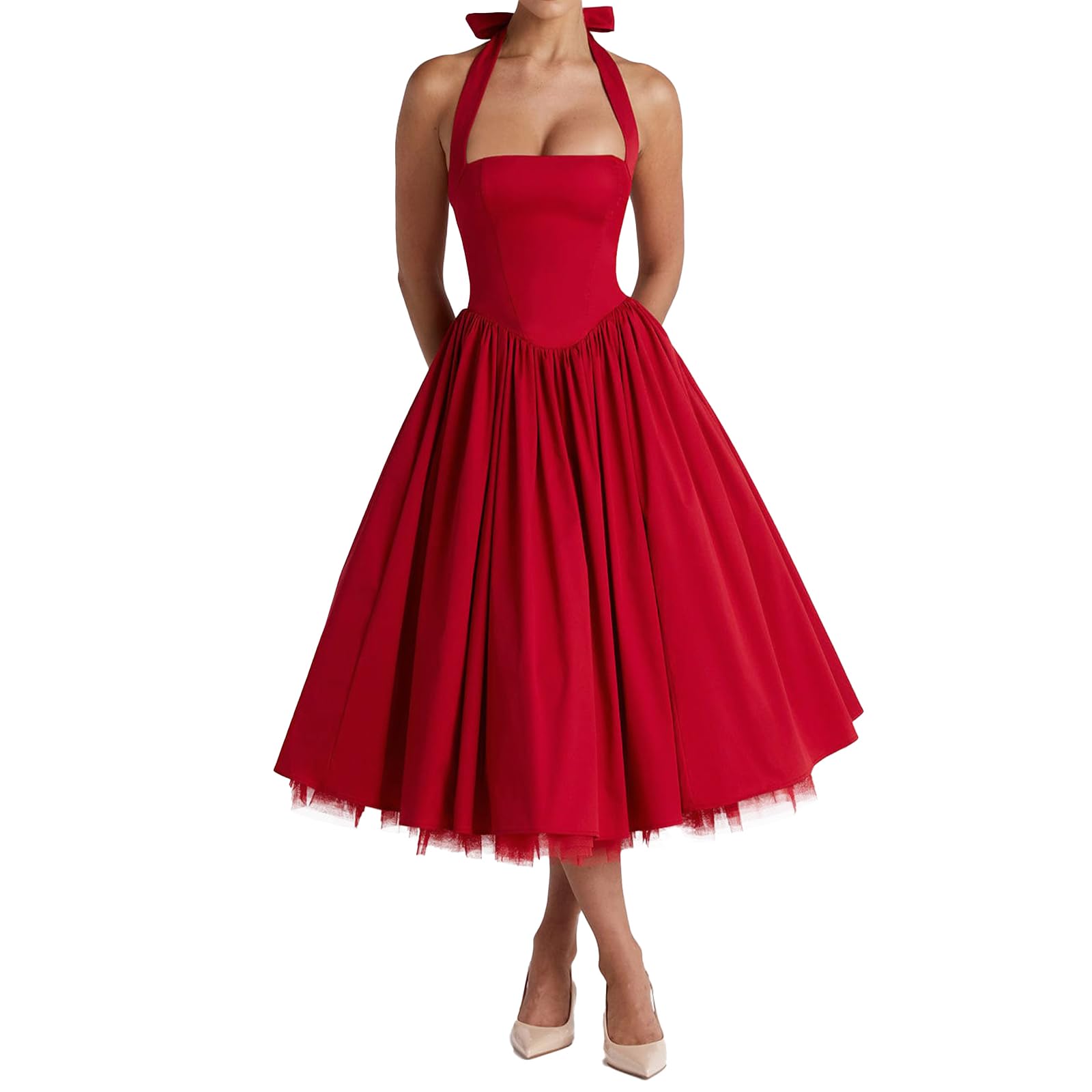 Photo 1 of ABYOVRT Women Halter Midi Dress Corset Back Layered Tuller Skirt Sleeveless Swing Cocktail Prom Formal Dresses (Red,M)
