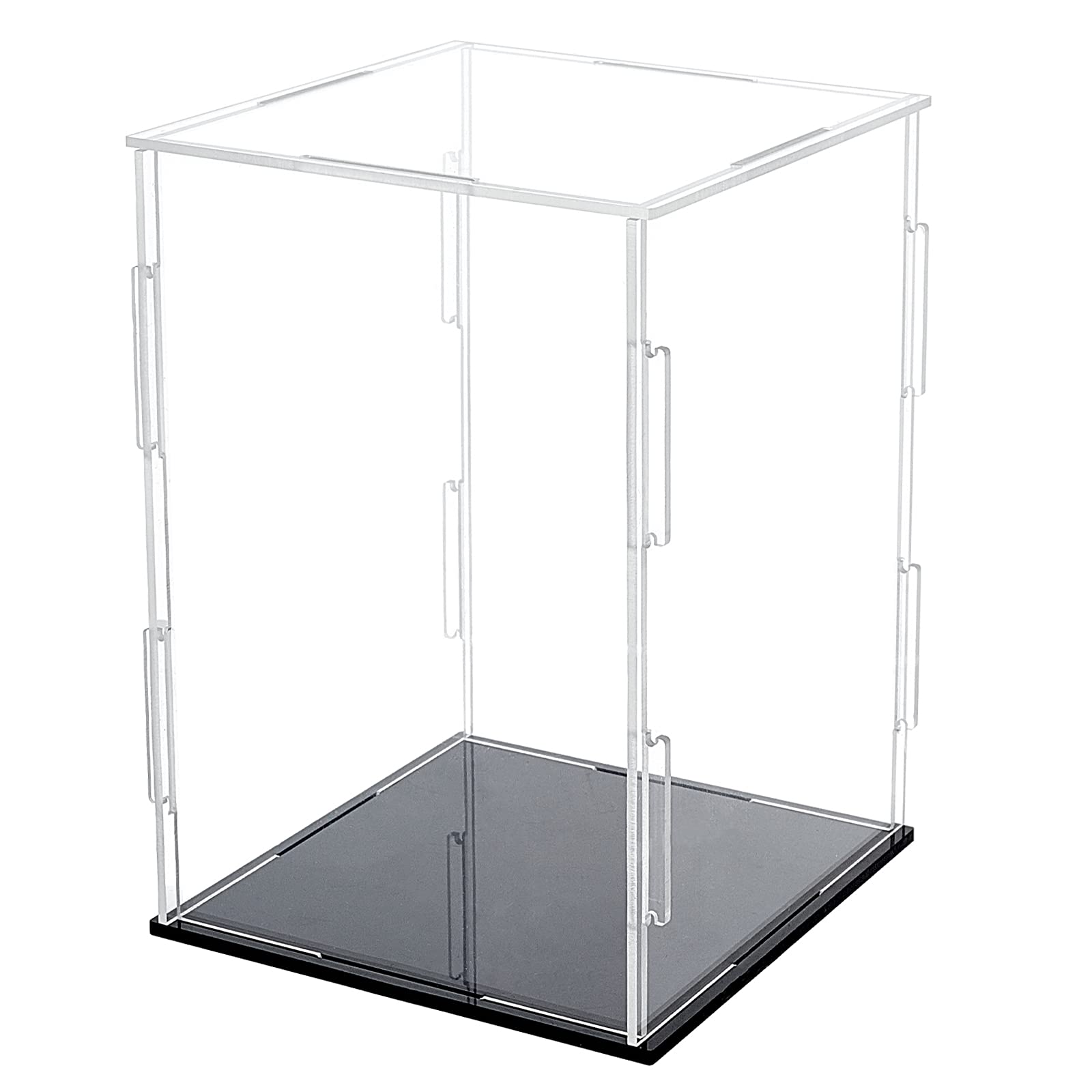 FINGERINSPIRE Acrylic Box with Black Stand and Rubber Band, 11x11x15cm Clear Acrylic Display Cases for Collectibles, Self-Assembly Dustproof Countertop Box for Toys and Collections