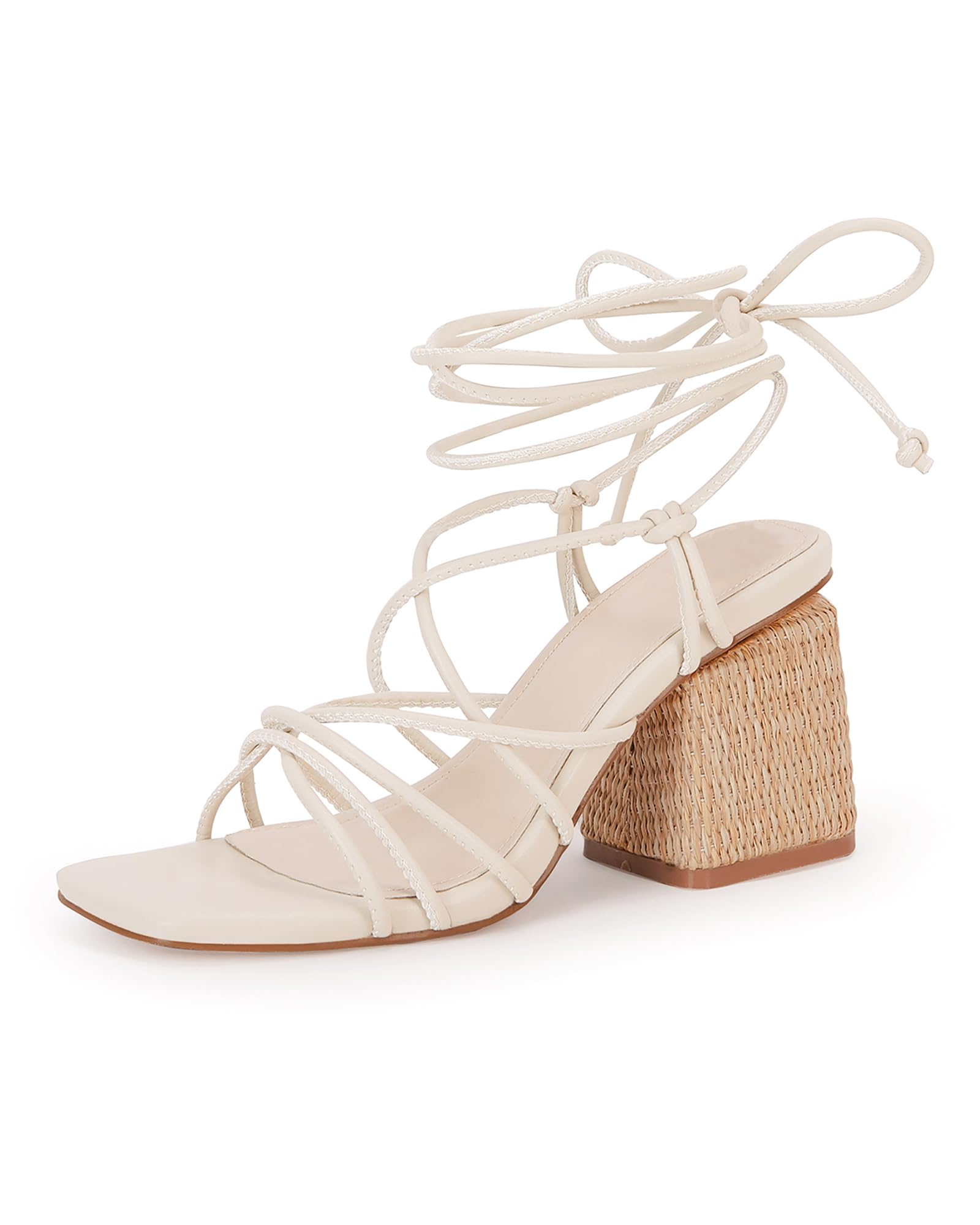 Photo 1 of PiePieBuy Women's Lace Up Chunky Braided Heel Sandals Square Toe Strappy Ankle Strap Heels