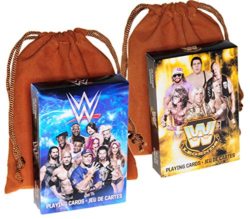 WWE Superstars & Legends Themed Playing Cards _ Bonus 2 BROWN Velveteen Drawstring Pouches _ Bundled Items