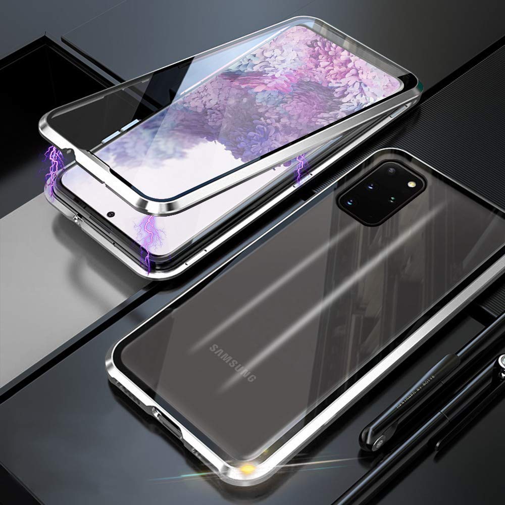 for Samsung Galaxy S20 Plus Case,[Magnetic Adsorption][Metal Frame + Front and Back Tempered Glass Transparent]Flip Cover Ultra Thin Full Body Screen 360 Degrees Coverage Protective Case,Silver